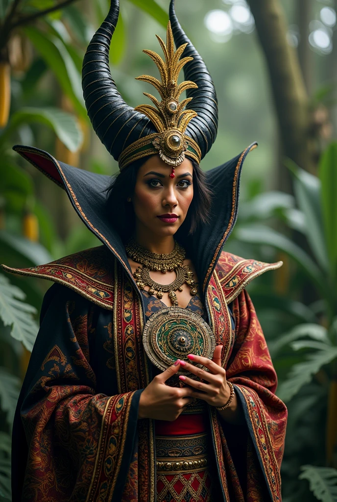 The evil queen from the Snow White story dressed as a character from the Zenu ethnic group with her ancestral mirror and clothing according to the ethnicity.