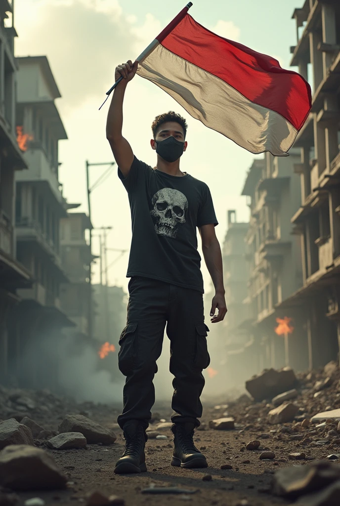 (photorealism:1.2), 1 youngman(wearing black printing t-shirts and black army cargopants) with a mask, the indonesian flag in the chaos city, and the other hand is pointing to the skies, dust and rocks, war conflict, flames and destroyed buildings etc.
