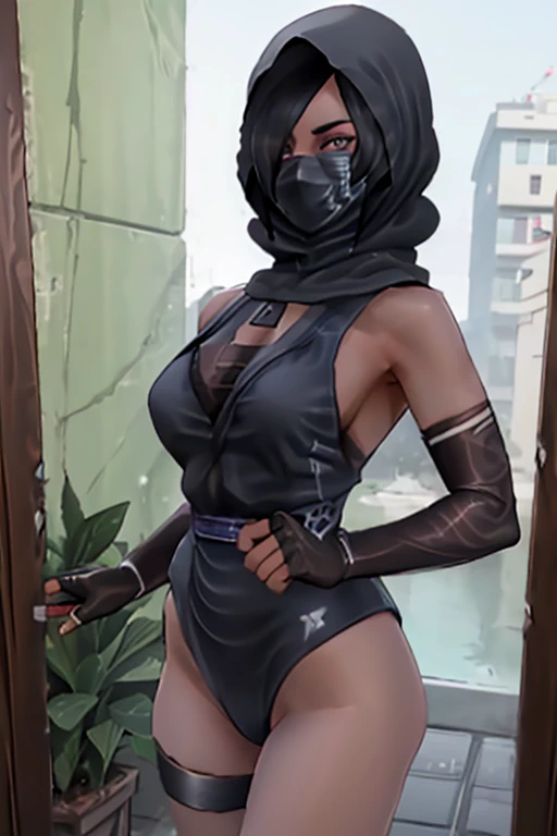 female, black short hair, green eyes, (((1girl))), (((black leotard))), (black kimono), (black hood), (black mask), (black thigh high socks), (black sandalscute and sexy, full body, large breasts, long legs, smiling