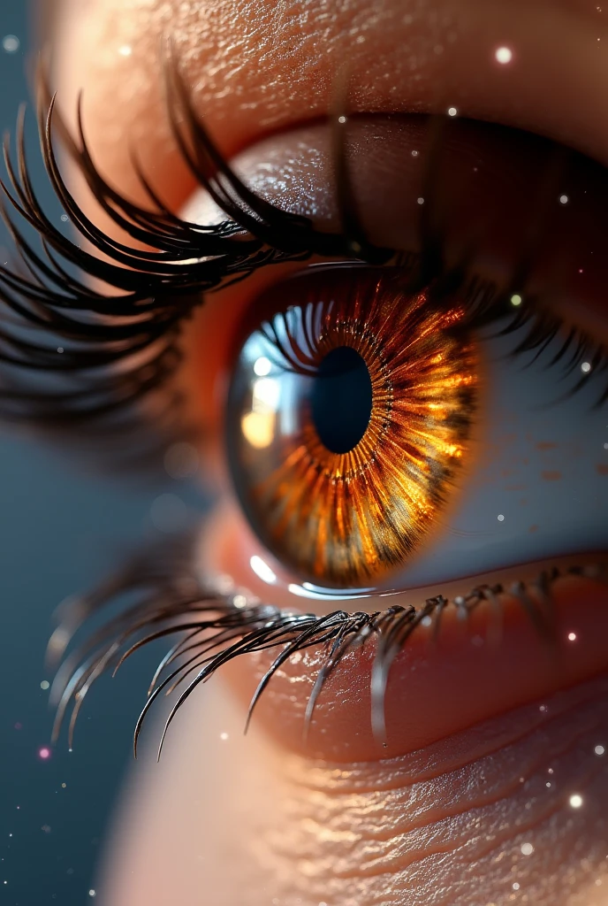 a beautiful brown eye, image showing beauty and crystals, it looks majestic