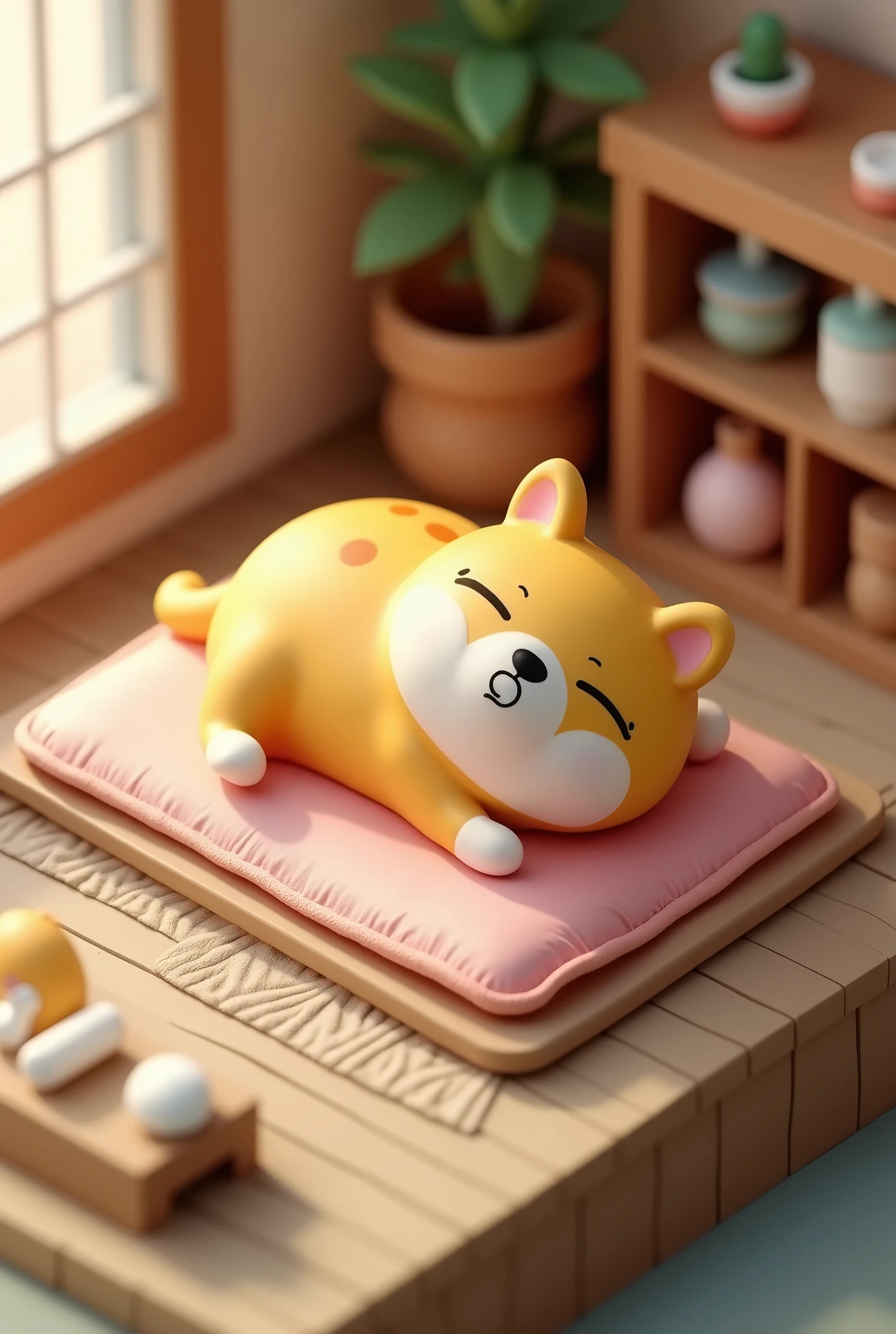 (masterpiece:1.2, Highest quality,Ultra-high resolution,Super detailed),8k,(wallpaper),(Ray Tracing),A small calico cat plastic model in the style of Rilakkuma, looking tired and sleeping in a futon.,On display at a model shop,Very simple design,Matte Paint,(Isometric 3D Diorama:2.0)
