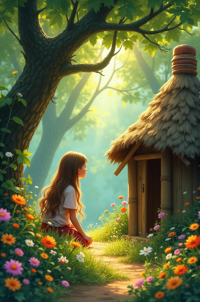 A girl is sitting，next to a thatched hut，Lots of trees around，There are a lot of flowers