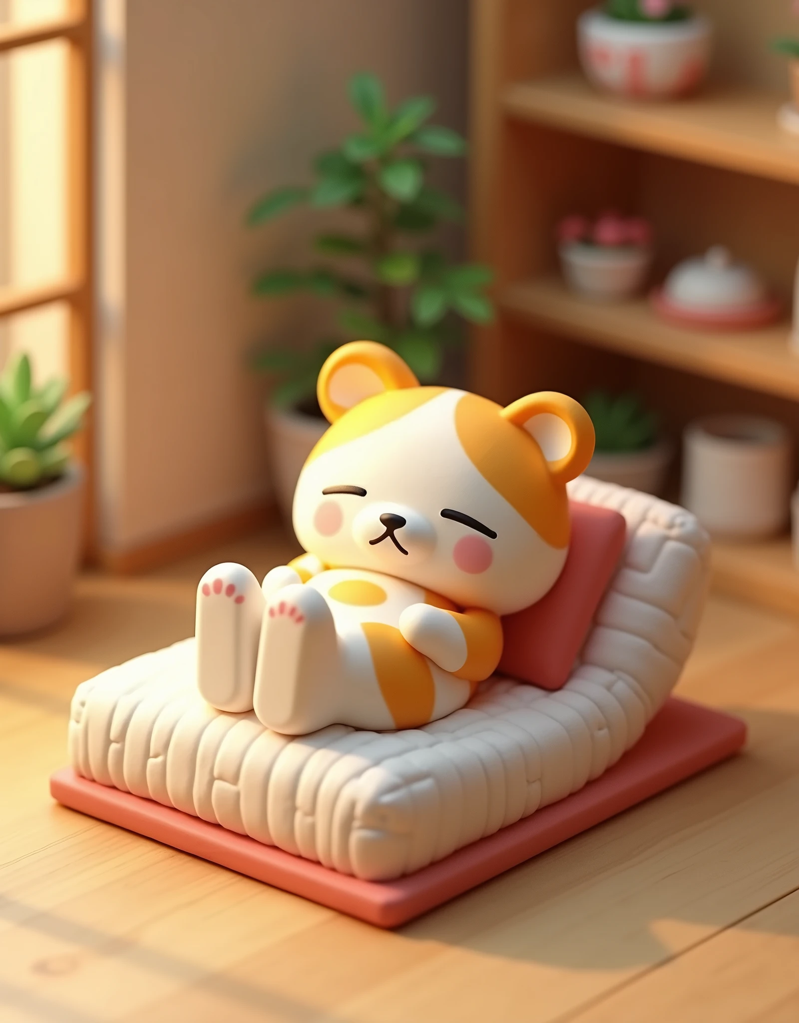 (masterpiece:1.2, Highest quality,Ultra-high resolution,Super detailed),8k,(wallpaper),(Ray Tracing),A small calico cat plastic model in the style of Rilakkuma, looking tired and sleeping in a futon.,On display at a model shop,Very simple design,Matte Paint,(Isometric 3D Diorama:2.0)