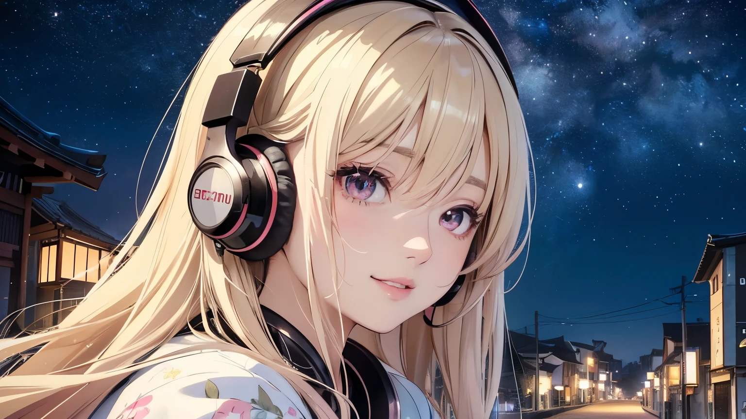 masterpiece, highest quality, High resolution, high quality images, 8K, 1 female, skin luster, Texture of skin and clothing, Expression of fine eyes, Shiny latte colored hair, long hair girl, Manga inspired by Lee Jong-suk, trending on deviantart, realism, detailed manga style, manga art style, perfect line drawing, beautiful line drawing, digital manga art girl, K-POP idle, dress, beautiful pink eyes, plump lips, detailed gorgeous face, (cute smile), charm, innocent, Side view, (perfectly detailed face), (fine hands), photorealistic images, Depth of written boundary, half up hairstyle, kimono, Japan, Beauty against the backdrop of an ancient city, ((headphones)), ((The background is starry sky)),