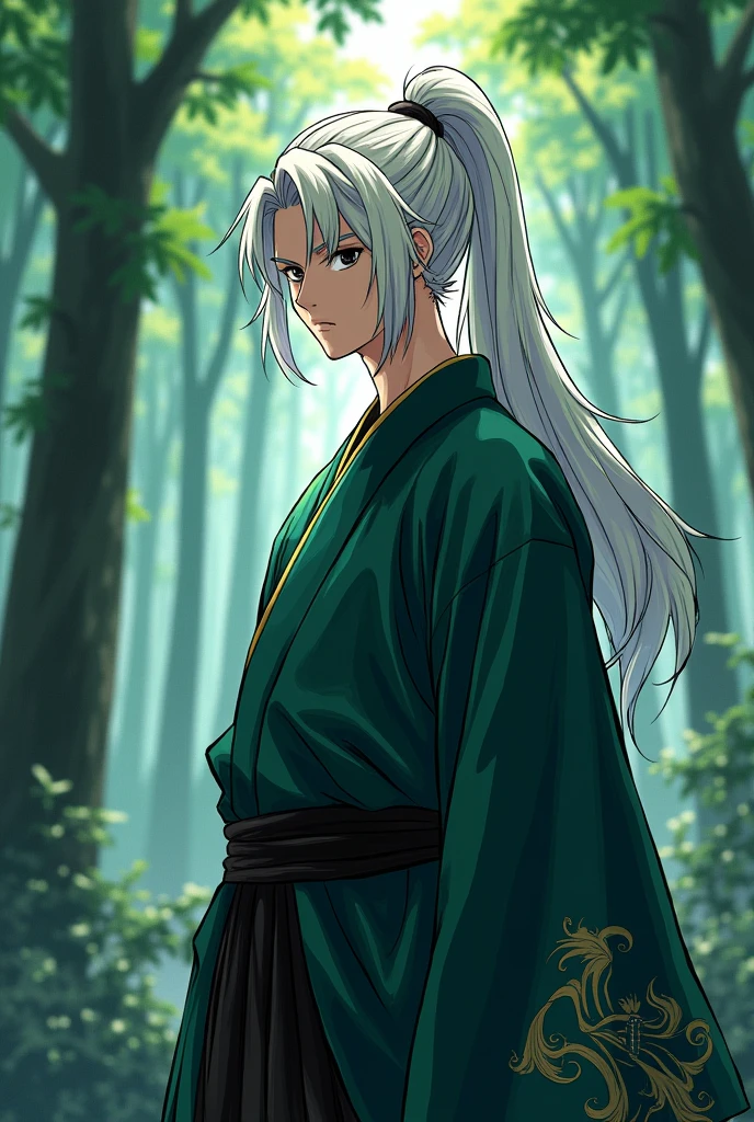 in the "demon slayer" art style, male, long white hair in a ponytail, pale skin, black eyes, neutral expression, dark green haori