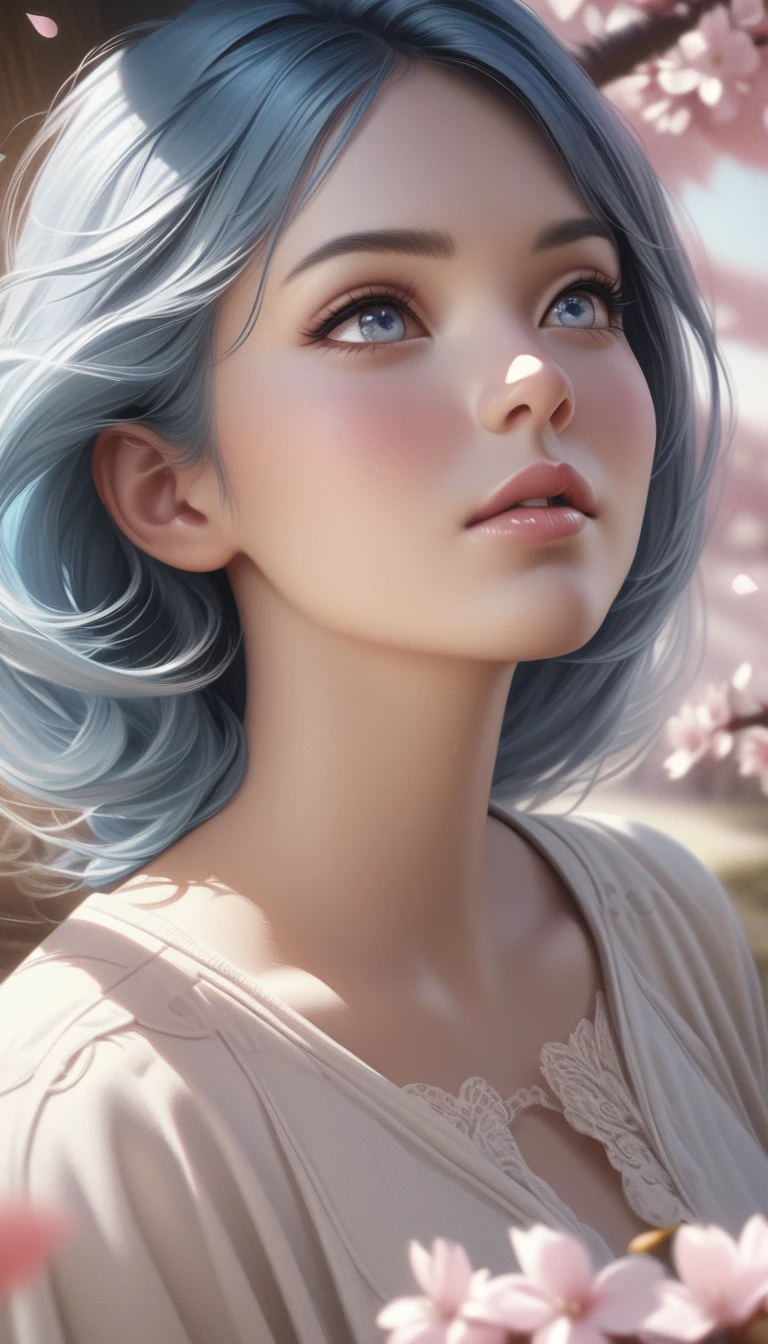 beautiful detailed eyes, beautiful detailed lips, extremely detailed eyes and face, long eyelashes, 1 girl, pastel colors, soft brushstrokes, dreamy atmosphere, (best quality, 4k, 8k, highres, masterpiece:1.2), ultra-detailed, (realistic, photorealistic, photo-realistic:1.37), anime-style hair, slightly plump lips, blushing cheeks, longing gaze, peaceful background, butterflies fluttering, serene mood, delicate details, vibrant colors, blue hair, surrounded by cherry blossoms, gentle breeze, floating cherry blossom petals, cute outfit