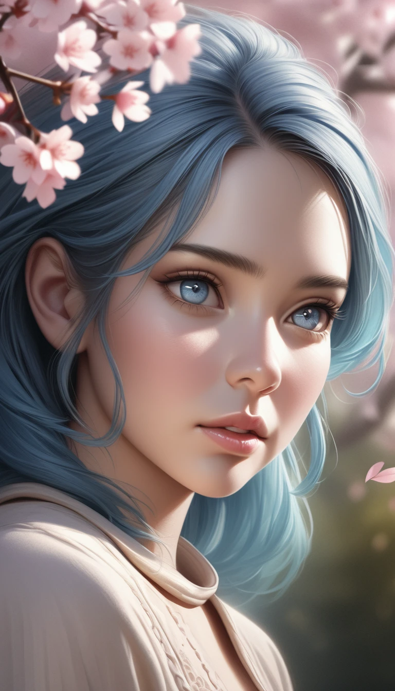 beautiful detailed eyes, beautiful detailed lips, extremely detailed eyes and face, long eyelashes, 1 girl, pastel colors, soft brushstrokes, dreamy atmosphere, (best quality, 4k, 8k, highres, masterpiece:1.2), ultra-detailed, (realistic, photorealistic, photo-realistic:1.37), anime-style hair, slightly plump lips, blushing cheeks, longing gaze, peaceful background, butterflies fluttering, serene mood, delicate details, vibrant colors, blue hair, surrounded by cherry blossoms, gentle breeze, floating cherry blossom petals, cute outfit