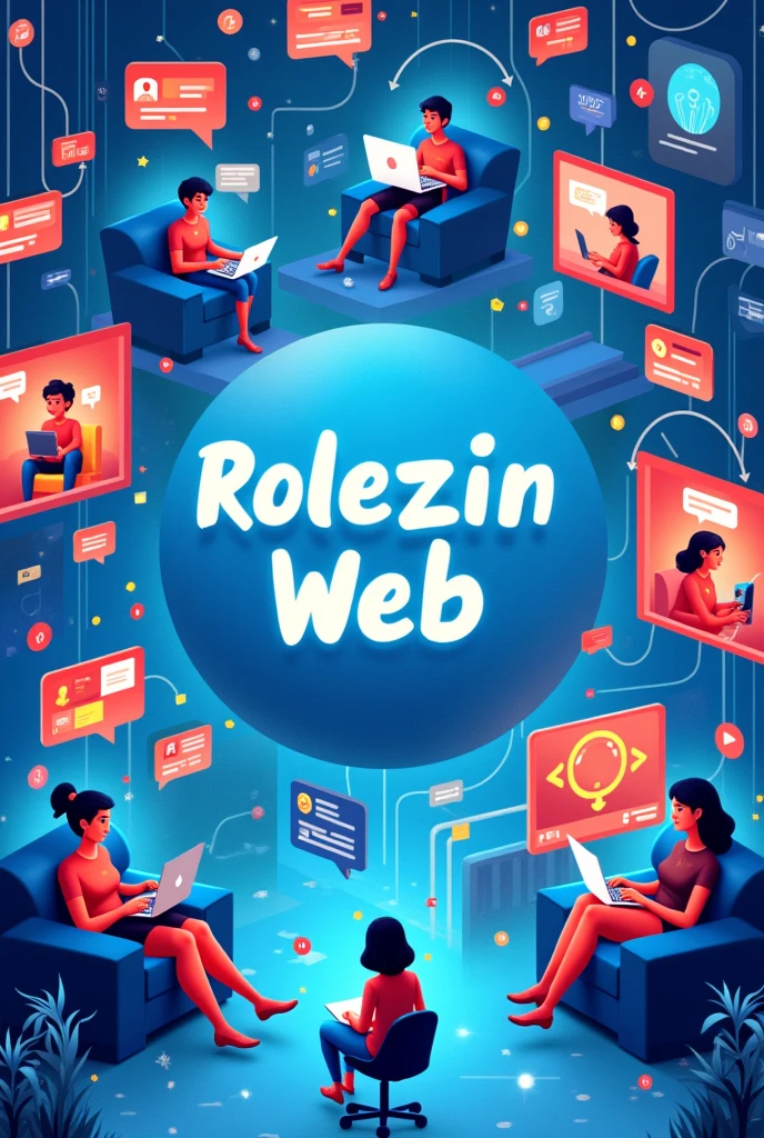Background on Internet Concept, Use light blue colors with red and black details, message elements between friends, conversas e gaming, many friends talking from afar using conversation bubbles In the same sense, use more graphic elements that refer to the internet Several people in different rooms with different themes (( music, gaming, movies)) middle symbol
Name Rolezin Web 