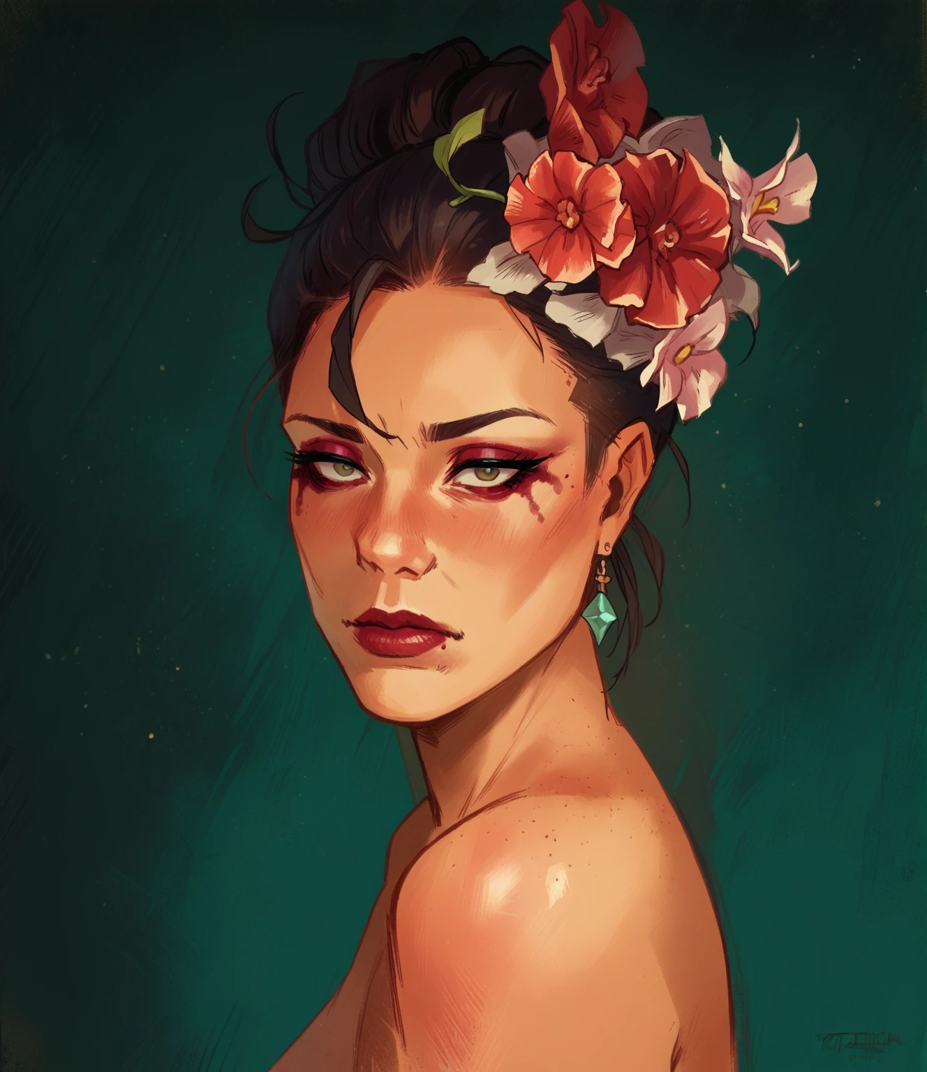 score_9, score_8_up, score_7_up, score_6_up, score_5_up, score_4_up, T0n1, 1girl, ghosts, red makeup, flowers