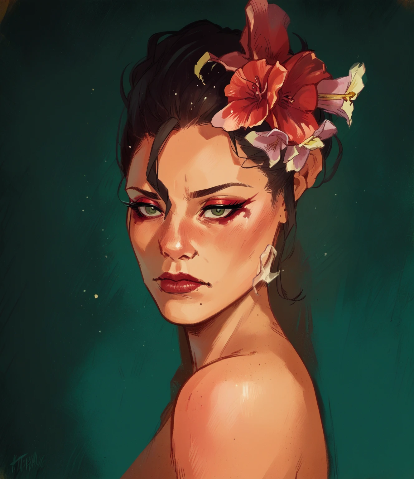score_9, score_8_up, score_7_up, score_6_up, score_5_up, score_4_up, T0n1, 1girl, ghosts, red makeup, flowers