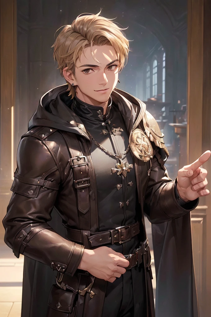 (((masterpiece; best quality: 1.2))), (detailed eyes: 1.3), ((1 young man)), ((solo)), (brown eyes: 1.4), (body shape; lean, masculine, manly face: 1.3), (short blond hair: 1.3), (clear background: 1.2), ((depth of field)), (equipment: masculine adventurer garb + practical hard-leather hunter protection + black hooded hunter overcoat + black stud earring: 1.3), (anime illustration: 1.2), (background composition; fantasy tavern interior + furniture: 1.1), (handsome: 1.1), (shot composition; standing + centered on face + bust close-up: 1.5), (facial expression; calm + smile: 1.2)