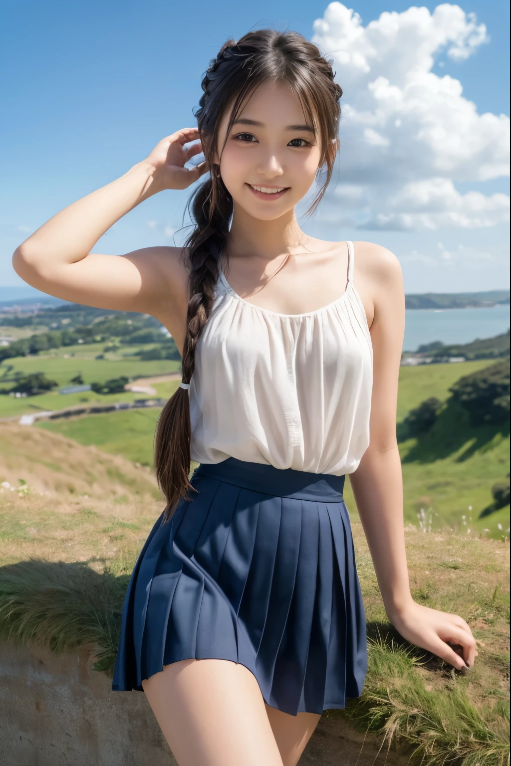 ung girl,very cute and beautiful japanese teenress,highly detailed beautiful face,twin braid,
white campisole,looking at viewer,smile,happy,stylish pose,pleated navy blue mini skirt,solo,
countryside,hilltop,grassland,distant ocean background,beautiful summer sky,real person,photorealistic,8k,raw photo,