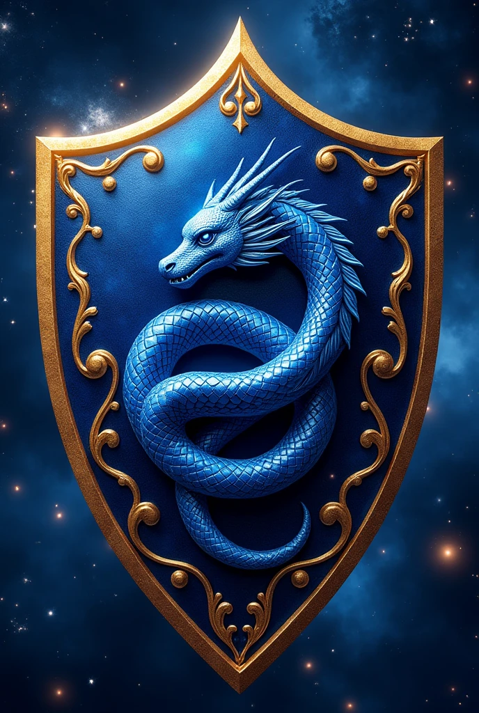 Celestial shield, navy blue and gold, with a blue-scaled dragon
