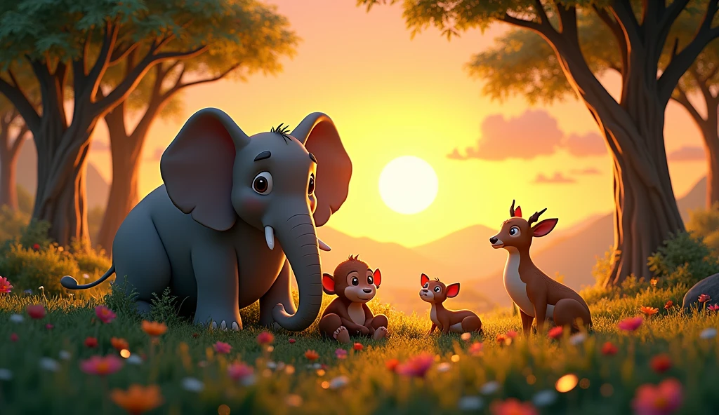 In 3d animation style " The jungle at sunset, with animals resting together after another day of working in harmony.