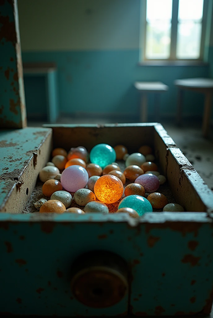 Create a scene inside a dilapidated hospital. The environment should be deteriorated and worn, with cracked walls and damaged furniture. In the center of the scene, focus on a partially destroyed drawer, partially open, revealing a variety of medications scattered haphazardly. Among the medications, place some shimmering magic stones, emitting a soft, ethereal light. The stones should contrast with the decaying environment, standing out with its shine and energy. The setting should reflect the mix of abandonment and hope, with the magical light of the stones creating a focal point in the midst of chaos.