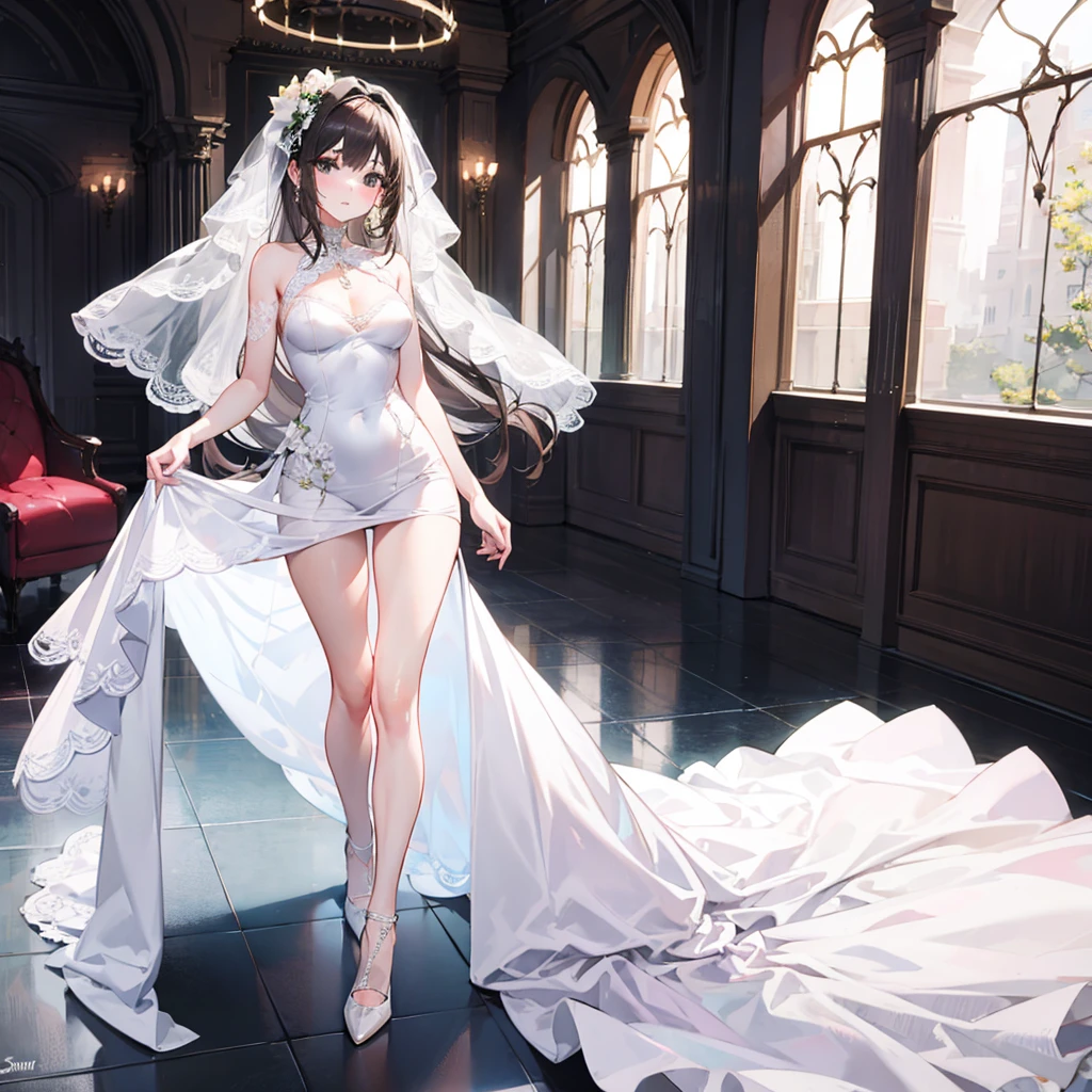A girl, Wearing a wedding dress, White Wedding Dress, whole body, Slim, Long legs