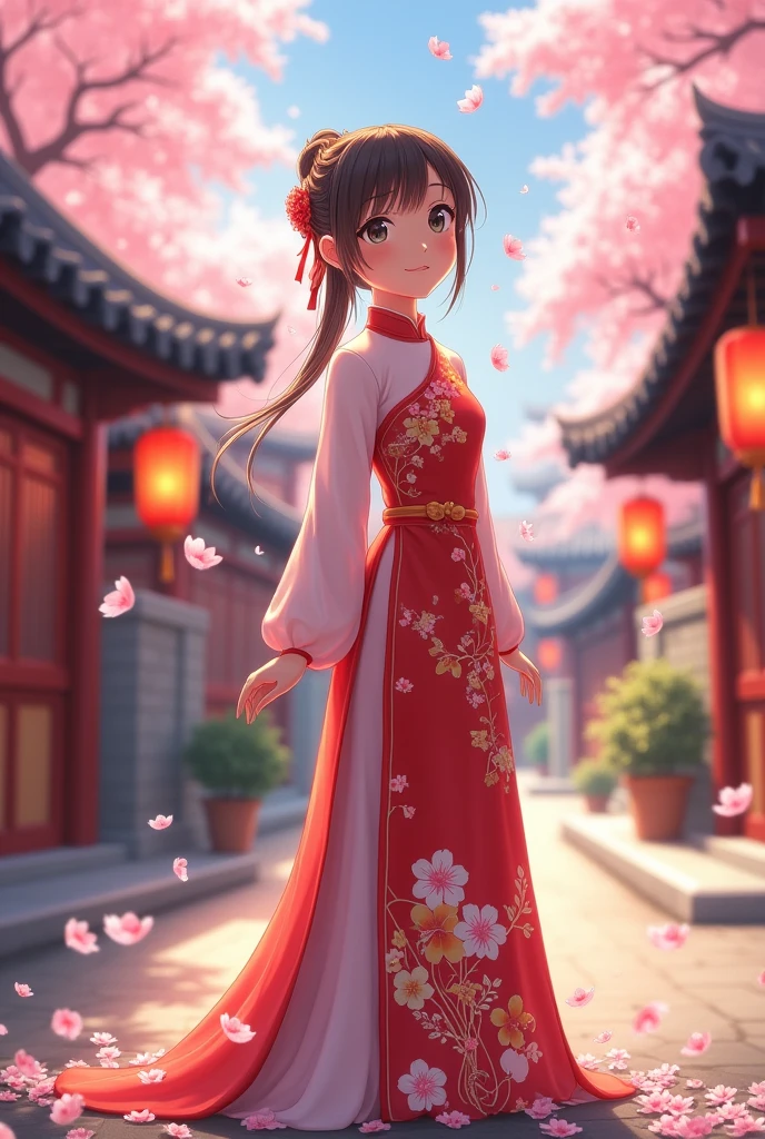 anime girl, chinese long dress with ponytail cuff hairstyle