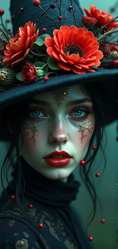 cinematic realistic close-up shot in a movie scene, vibrant colors, highly detailed, presented in cinemascope, creating a moody atmosphere. Surreal Witchcraft: An abstract character portrait of a master beautiful and fascinating witch, with her face surrounded by intricate dark flowers, birds and other surreal elements, by Russ Mills
