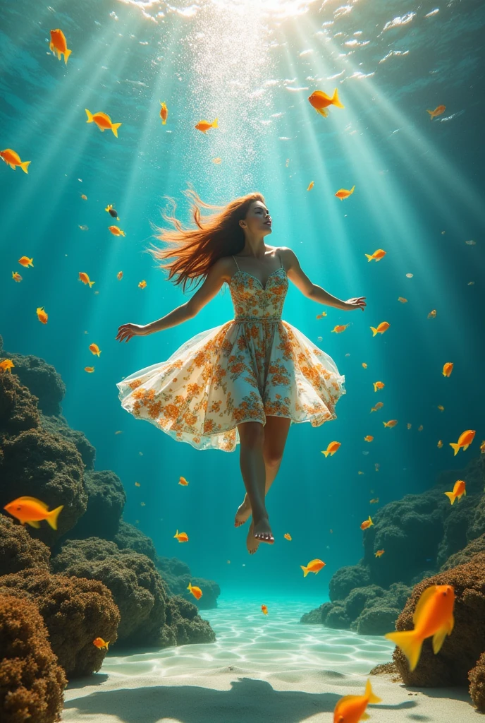 All types and all size of colourful Fish are in the sea and british beautiful woman in full swimming dress is swimming