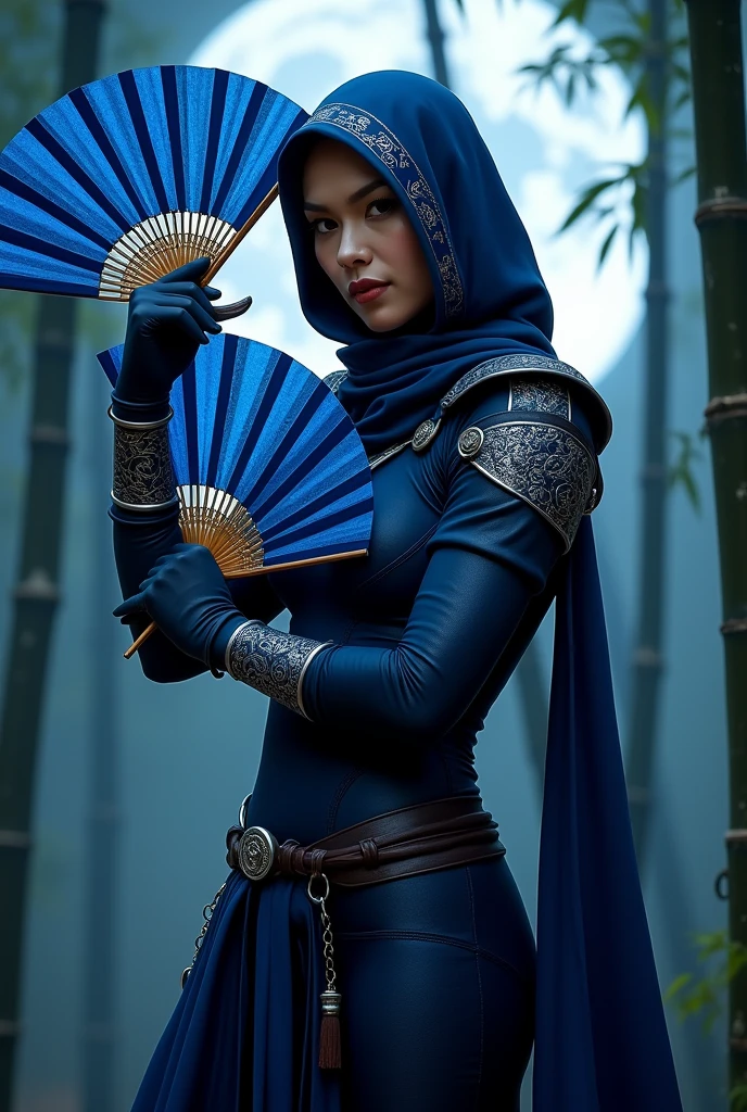 Kitana wears dark blue and has Japanese eyes, she wears large earrings and is a ninja, her weapons are blue fans, silver shoulder pads , a blue cape , blue gloves and fingernails