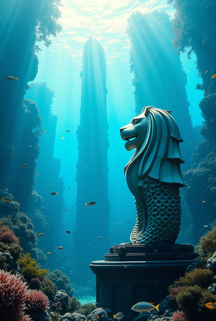 Singapore under water withe features of atlantis. Include metlion