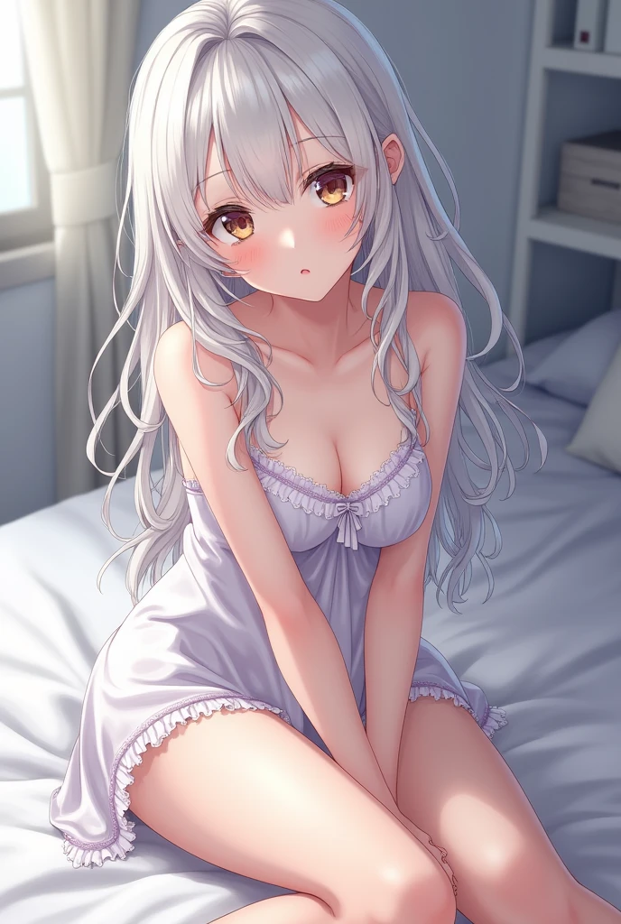 (Ultra Real), (illustration), (high resolution), (8k), (very detailed), (Best illustration), (beautiful and delicate eyes), (best quality), (very detailed), (masterpiece), (wallpaper), (detailed face), alone, (dynamic pose), one girl, white wavy hair on the bed, to lose clothes, Japanese people, iris colored eyes, (((Very thin, a small and short night dress)), medium chest, long legs, The best leg ride, (without panties), (without bra)  