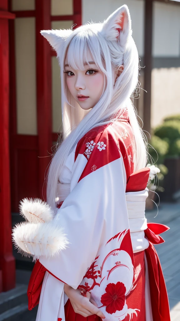 White Demon Fox、Nine-tailed Fox、Japanese women、kimono、Fair skin、Red lines on face、8K、I have long hair