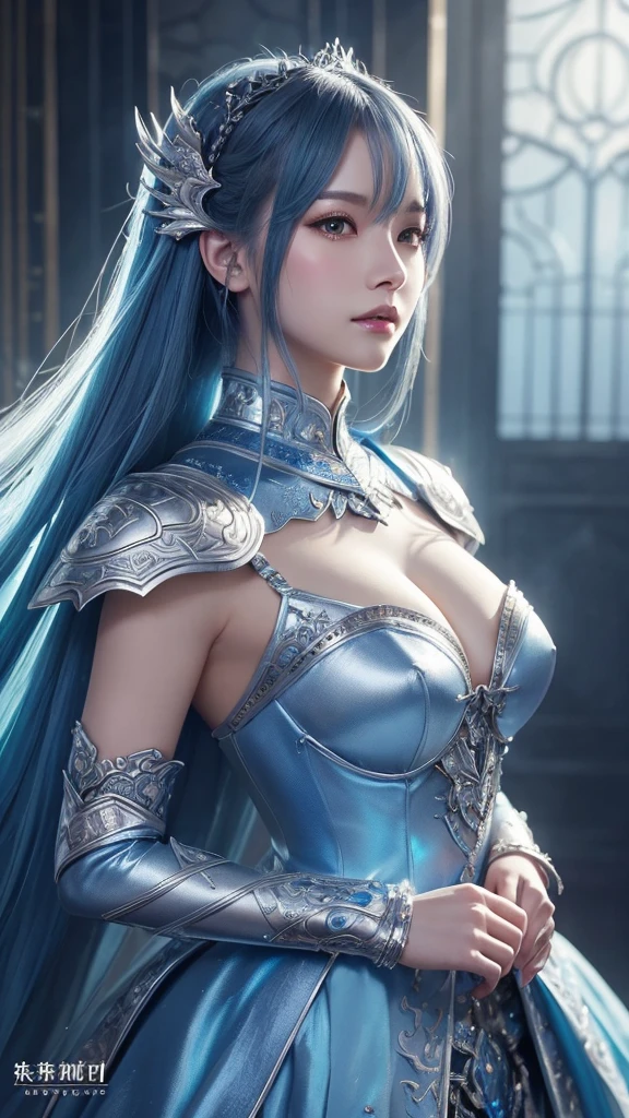 a close up of a woman in a silver and blue dress, chengwei pan on artstation, by Yang J, detailed fantasy art, stunning character art, fanart best artstation, epic exquisite character art, beautiful armor, extremely detailed artgerm, detailed digital anime art, artgerm on artstation pixiv, armor girl
