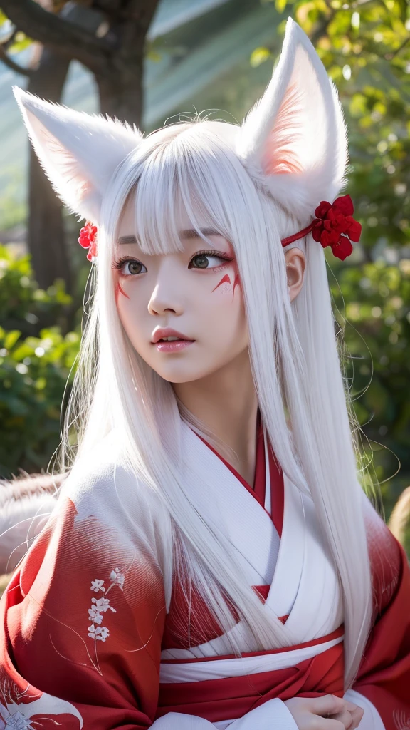 White Demon Fox、Nine-tailed Fox、Japanese women、kimono、Fair skin、Red lines on face、8K、I have long hair