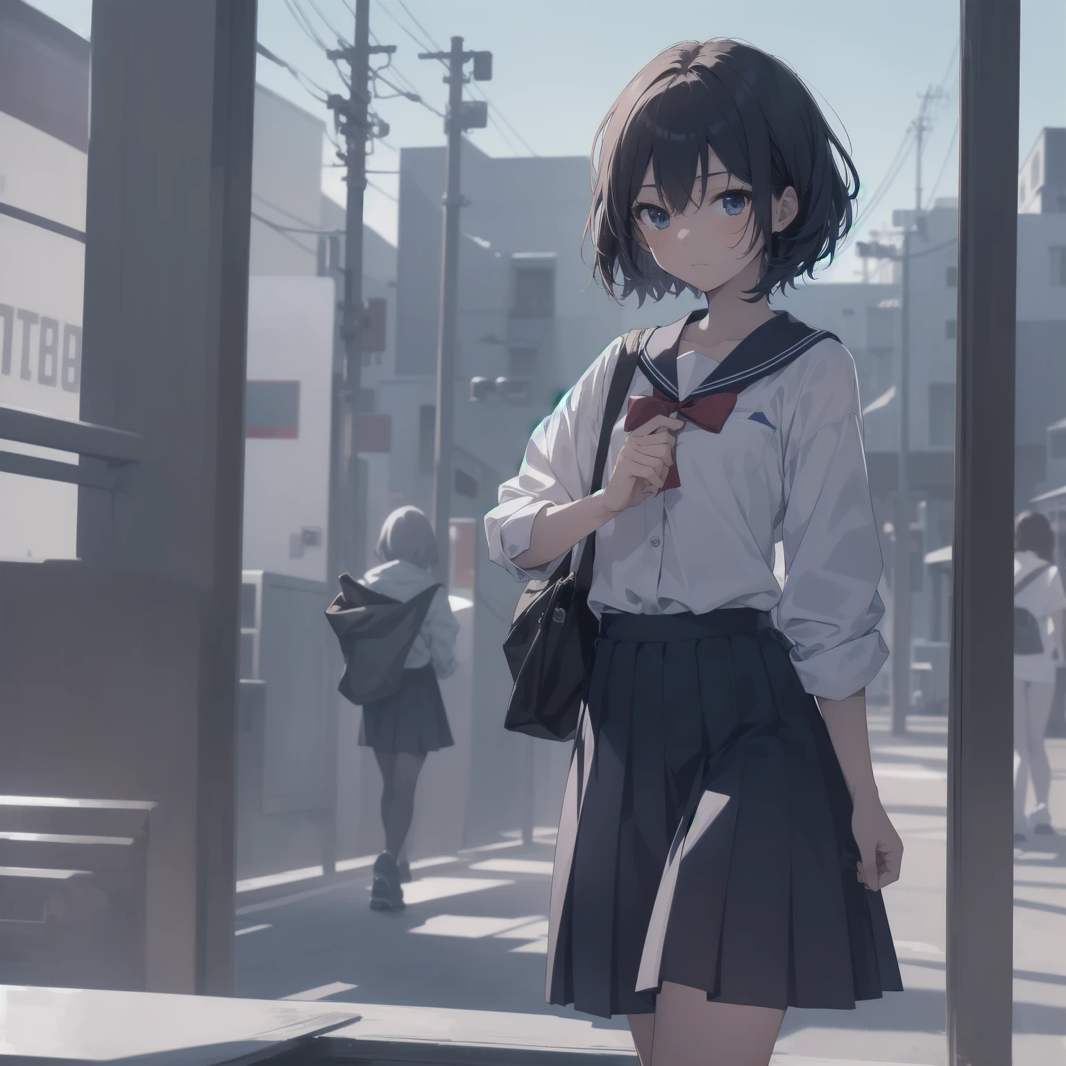 ultra-absurdres-Top quality by artist God, ultra-detailed, high resolution, anime moe artstyle, best anime 8k konachan wallpaper, pixiv contest winner, pool:2810, perfect anatomy,break, 1girl, (Please draw a girl walking sleepily to school alone. )break,(Solo,little female, 13-year-old:1.3),Full limbs, complete fingers,a junior high school student, (very short hair), short cut, flat chest, , small butt, small black eyes, beautiful detailed eyes, well-proportioned iris and pupils, expressive eyes, highres detailed hair, soft expression, salor school_uniform, sailor collar, serahuku, bow, pleated skirt,(Detailed Lighting), (Detailed background), in the School commute route. break,super detailed skin, Best cinematic lighting powered by famous artist, 8k,beauty illustration,photoshop_(medium),very aesthetic,break,((artist:izumi_tsubasu )), artist:clamp ,artist:carnelian ,artist:kantoku ,