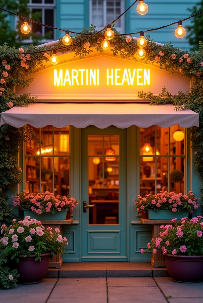 Create a logo for a bar with a LED sign that reads MARTINI HEAVEN, with flower pots and vintage lights, with the environment in pastel shades of yellow, pink and blue and the yellowish sign
