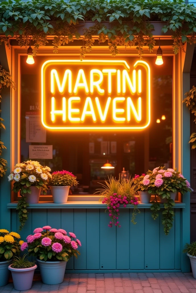 Create a logo for a bar with a LED sign that reads MARTINI HEAVEN, with flower pots and vintage lights, with the environment in pastel shades of yellow, pink and blue and the yellowish sign
