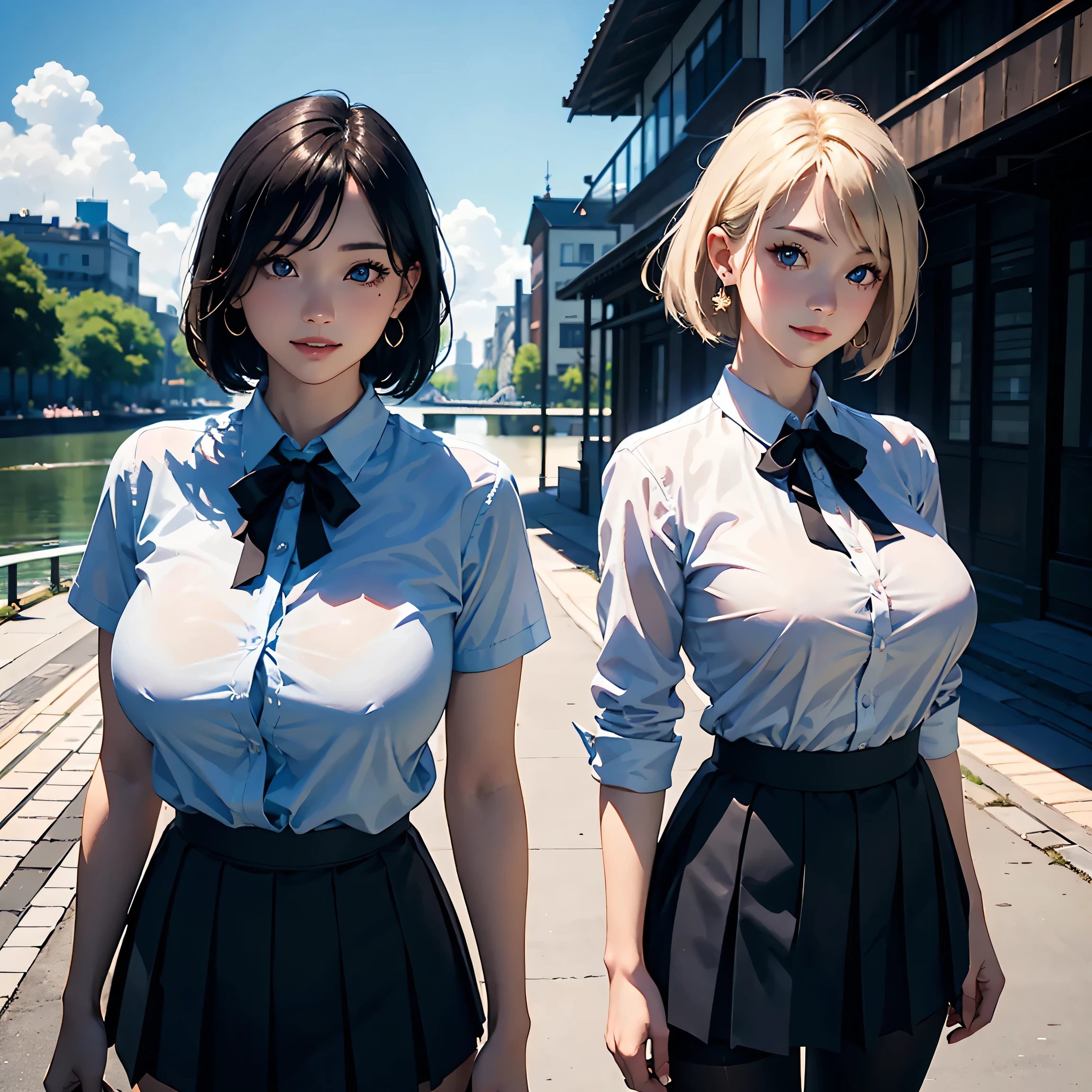 (masterpiece:1.2, Highest quality), (Realistic photos), Beautiful illustrations, (Natural side lighting, Cinema lighting),(2 people:1.2), Japanese, 20-year-old female, Perfect Face, Symmetrical cute face, Glowing Skin,Black short bob、Blonde Short Hair、Dark blue eyes, (Huge breasts:1.3), Slender build、Earrings、Beautiful Hair, Beautiful Face, Fine and beautiful eyes, Beautiful body, Beautiful breasts,(White collared shirt、Small black ribbon、Pleated skirt、Black tights),river、Embankment、blue sky、smile、Blushing、Standing side by side