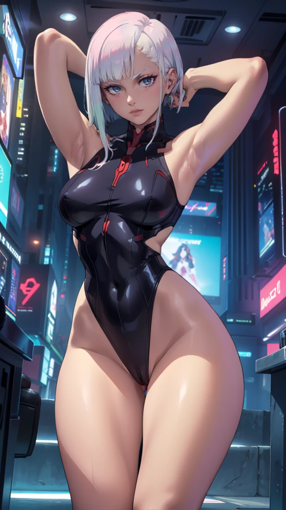  Beautiful figure (Proper Anatopy, Slim, Slender figure, shapely legs, Anime style, white colored hair, Bob hairstyle, Very detailed face, Very beautiful face, in full height,, Beautiful slim figure, femininity，masterpiece, Lucy, cyberpunk edgerunners, showing armpits and pussy half naked, (((showing armpits))) 