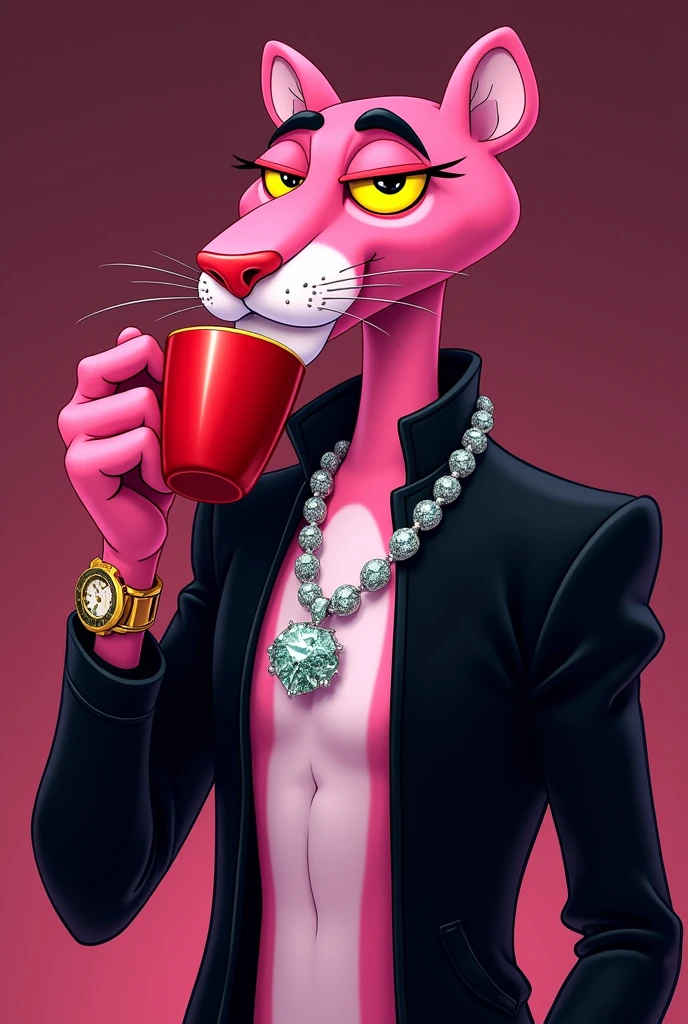 The pink Panther cartoon character sipping on the drinks from a red cup wearing a black Bomba  jacket. with VVS diamonds round its neck with a pendant of the pink panther in diamond  a Patek watch rounded to the wrist. Standing sideways and staring so cool into the camera .Art must be in 2d format