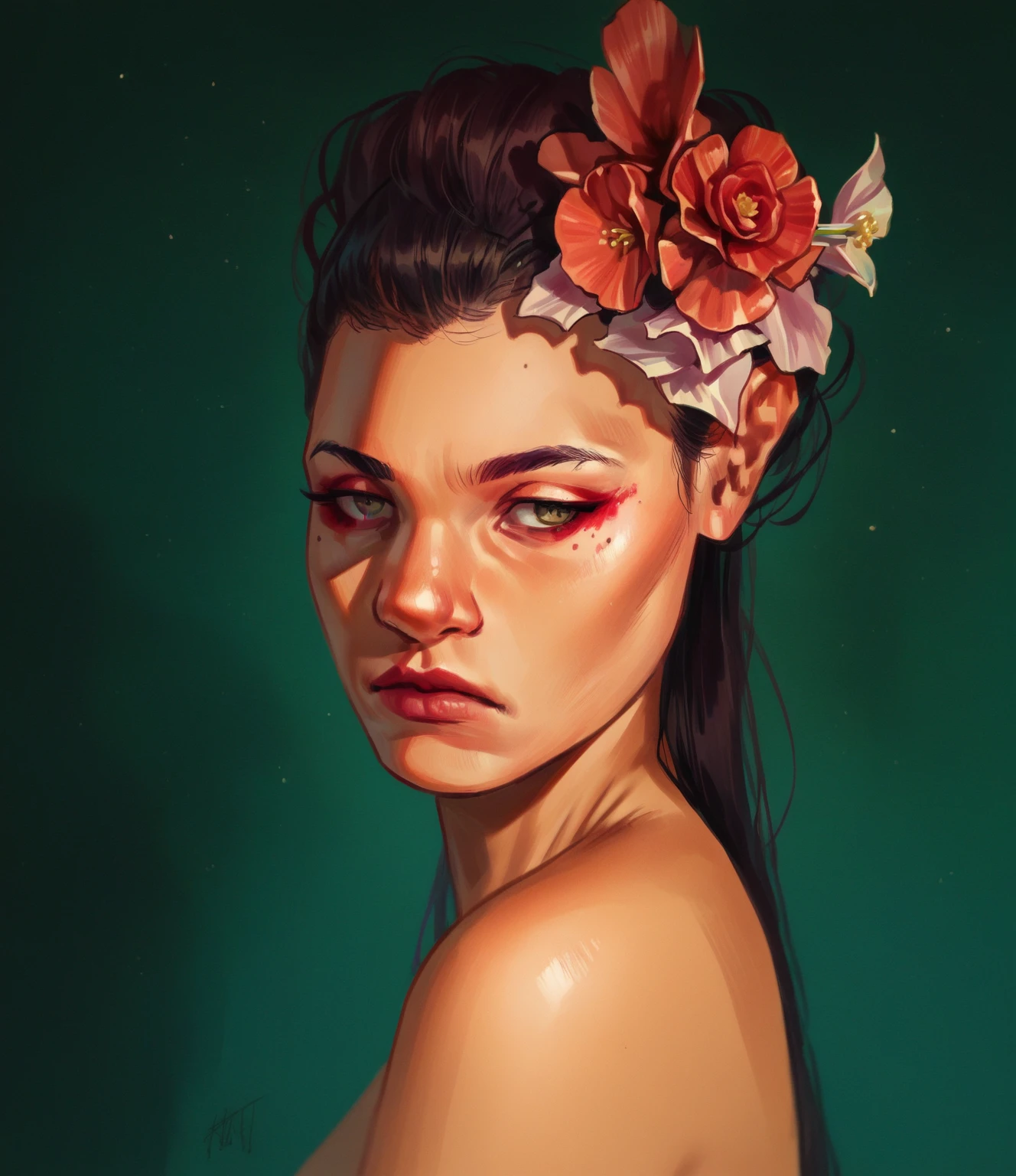 score_9, score_8_up, score_7_up, score_6_up, score_5_up, score_4_up, T0n1, 1girl, ghosts, red makeup, flowers, small nose, model