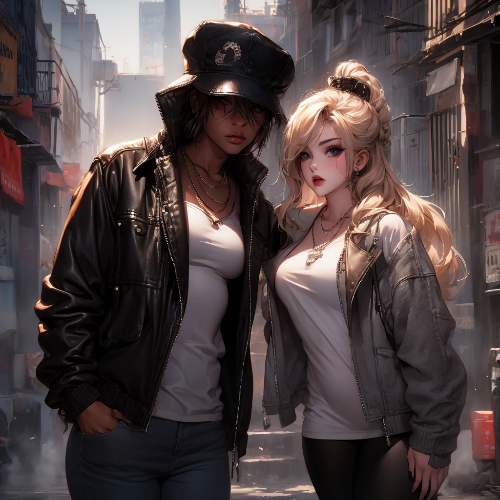 Curvy plump blonde Streetwear, leggings, leather jacket,punk, black eye liner, necklace, street, ultra detailed