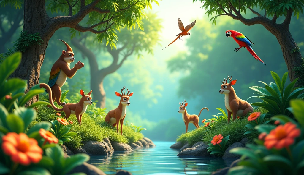 In 3d animation style " A final image of the jungle as a thriving, harmonious ecosystem, where all animals live in peace and unity.