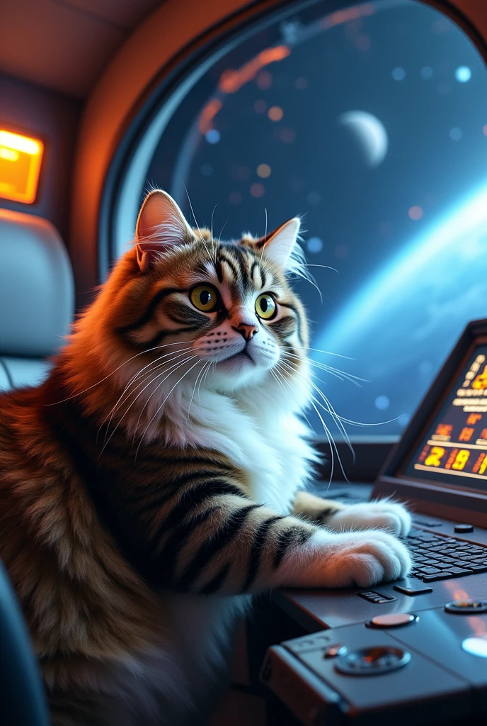Make me a chubby adult tabby cat with yellowish green eyes, clear and large, with white chest and white gloves piloting a spaceship (that the cat looks realistic)