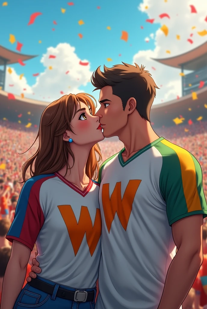 A woman and a man facing the camera IN A STADIUM kissing, each wearing a shirt showing the initials V and W. Vicky is white and the woman has the V on her shirt and the man has the W on his. The initials should be in anime style. Vicky has brown eyes, and the woman has the V and the man has the W, one initial on each shirt. The woman should be a bit heavier.
