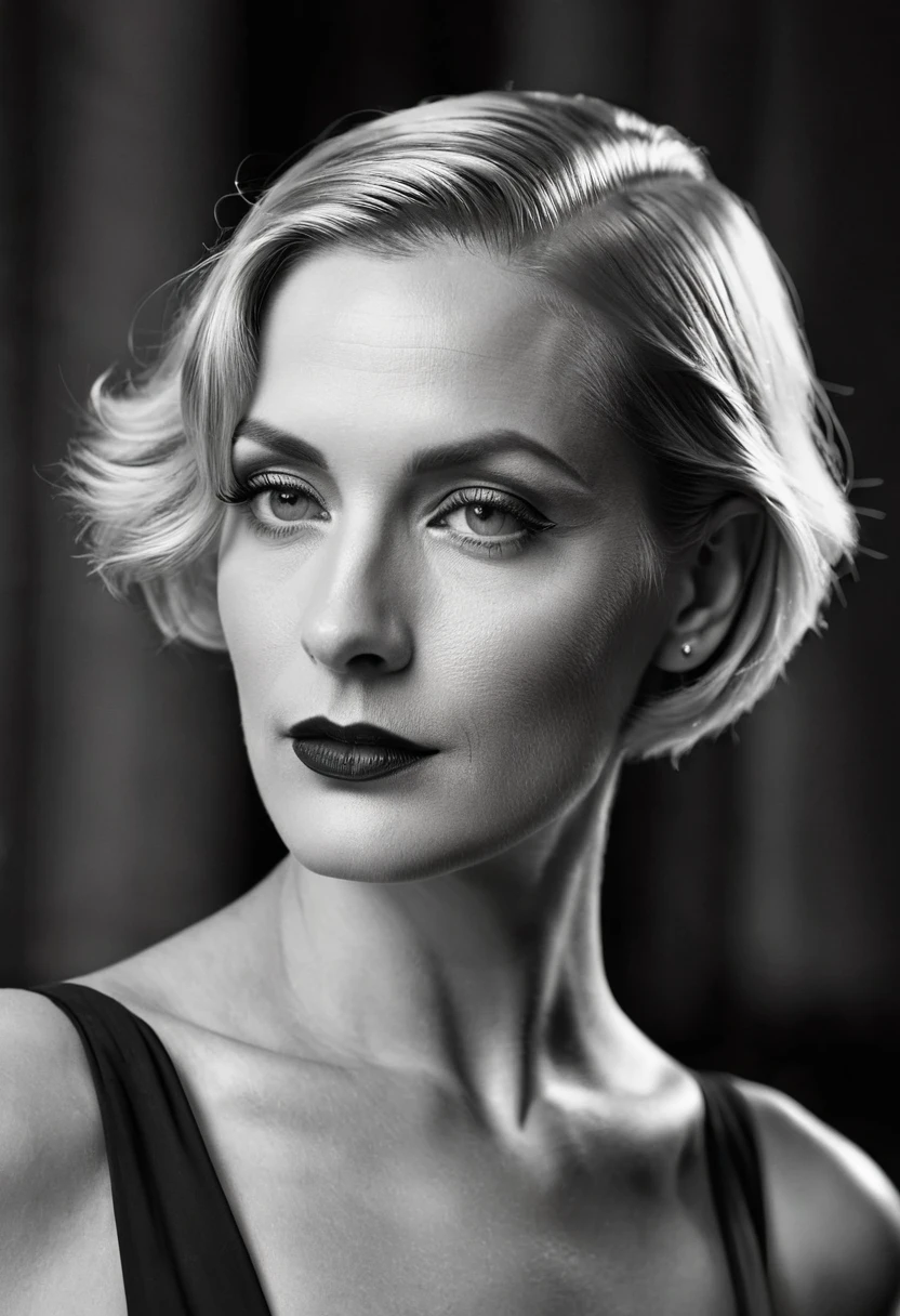 a beautiful woman in her 40s in the decadent Weimar Republic era of 1920s Germany, androgynous, with small breasts, perfect makeup, short blonde hair slicked back, in a photonoir style, monochrome with heavy shadows, focus on her beautiful face, professional lighting and camera