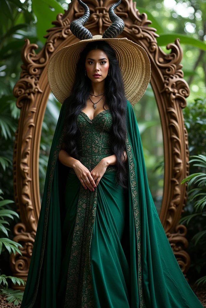 The evil queen from the Snow White story dressed as a character from the Zenu ethnic group with her ancestral mirror and costume according to the ethnic group without horns and with a more indigenous dress that wears a straw hat