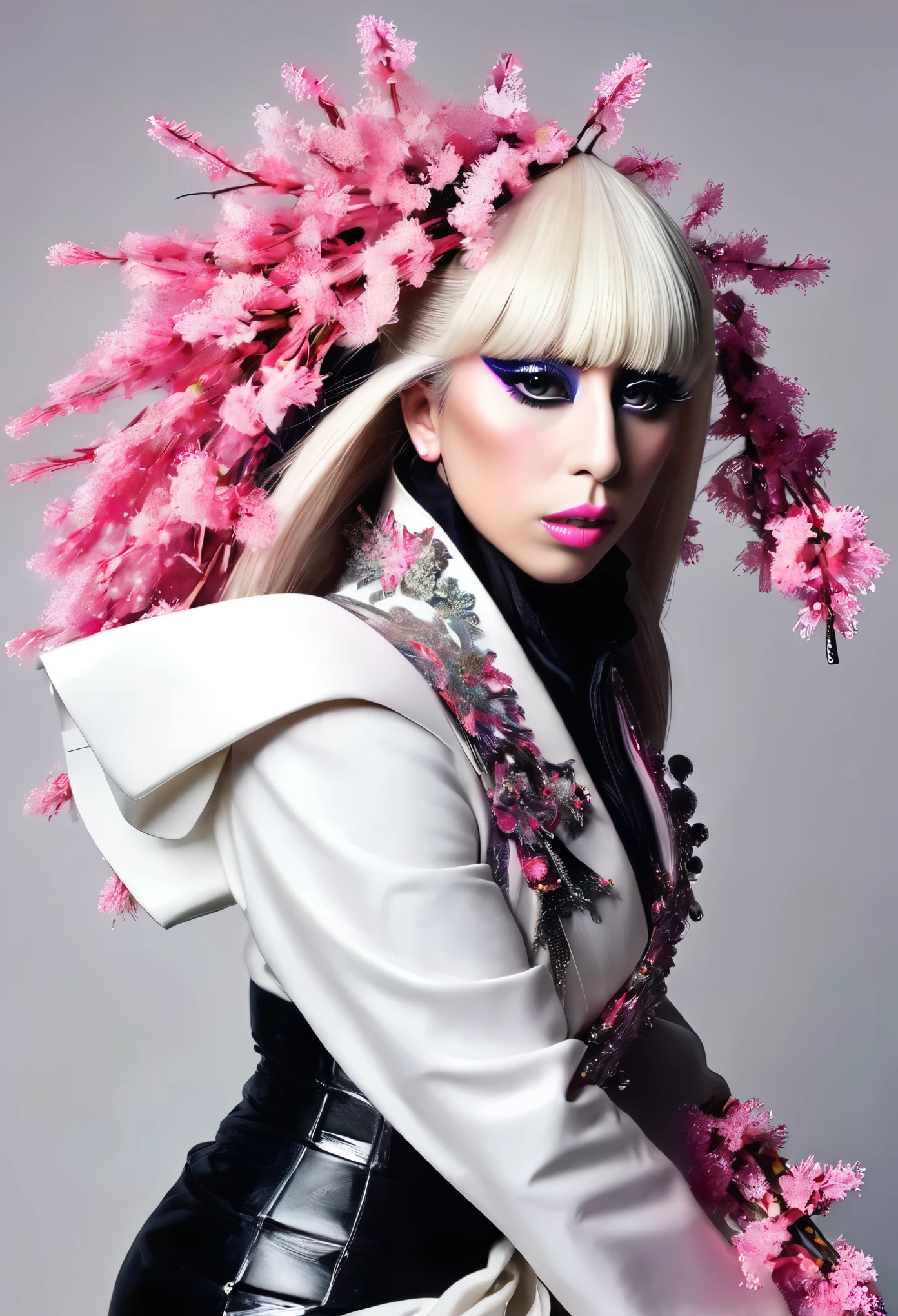 Beautiful sexy Lady Gaga beautiful avant garde style full length beautiful clothes accessories punk wig exotic posing professional fashion editorial magazine cover flash photography white background white pink garments glitter shiny pop neon 1980's style spikes and high heels punk japonisme contemporary geisha cherry blossom branch ikebana
