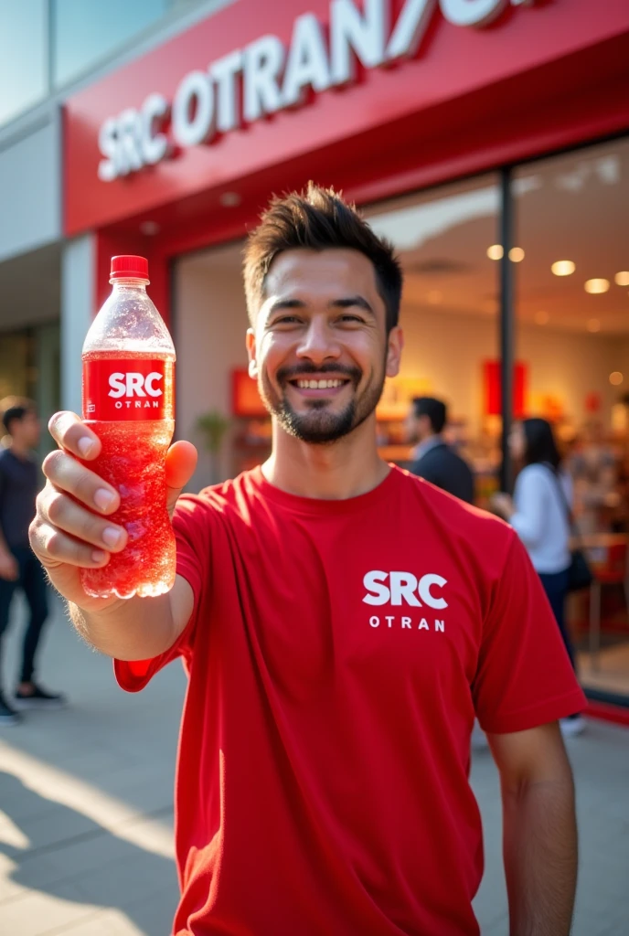Make me a 4D image of a man wearing a red shirt with the logo src otran writing showing a red mineral water bottle in front of a modern retail shop and the shop says SRC OTRAN
