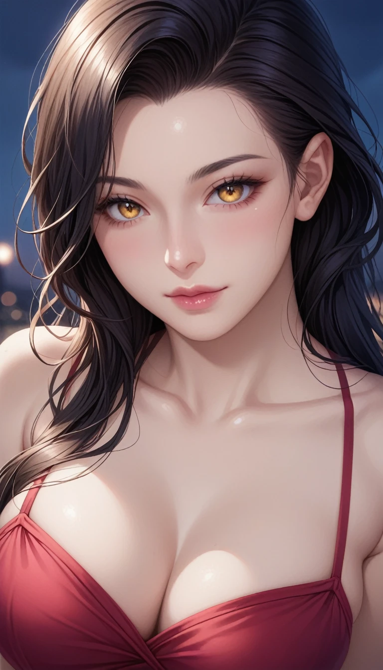 score_9, score_8_superior, score_7_superior, High-resolution CG illustration,A masterpiece in 32K resolution,Highest quality,it is really amazing,Very detailed,Ultra-high resolution,Ultra-realistic,Realistic,Increased depth of field,Cinematic lighting,
Sexy mature Japan woman,
Straight long hair with black hair,Showing his forehead,Ultra-detailed and beautiful face,Calm and gentle look,Beautiful brown, moist eyes,Glowing, moisturized skin,Translucent white skin,born々New skin texture,Great proportions,
Elegant red swimsuit,
Simple design,Chic color scheme based on red,詳細なborn地の質感,
(Dark and blurry background:1.2),Dark overcast sky on a dull night,Dark clouds filling the sky,Thundercloud,Coastline at night,Stormy seas,delay々A desolate sandy beach that continues,
(Beautiful cleavage:1.1),(High angle:1.1),
