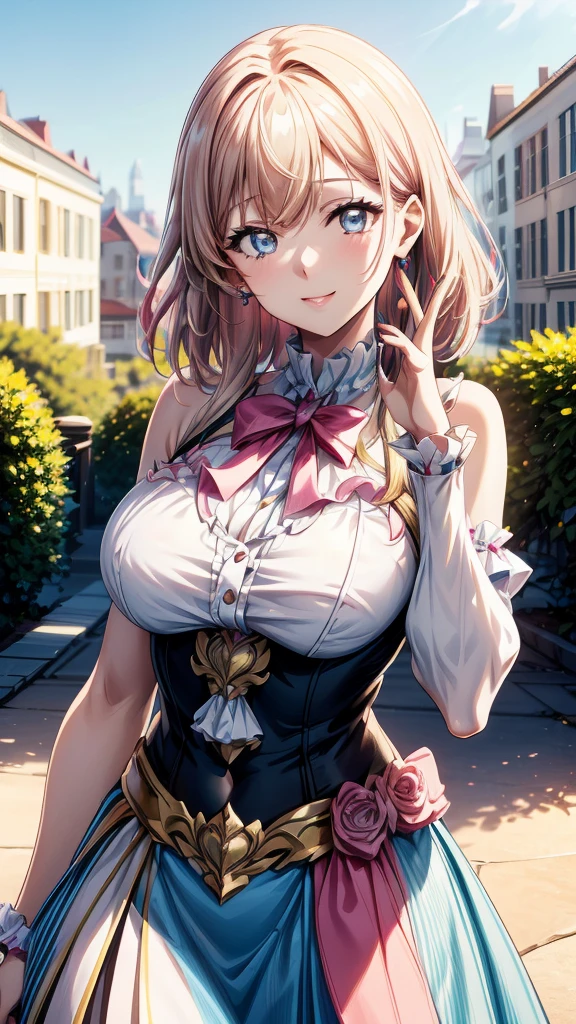 "(Top quality, masterpiece, ultra high definition, high resolution, HDR, Unity 8K Wallpaper, beautiful details, depth, delicacy, vibrant colors). A single girl in an anime style inspired by Epic Seven. She has beautiful eyes, lips and face, (long eyelashes). She wears an intricate and revealing gyaru-style uniform with a mini skirt and cute ribbon accessories. Her hair has a striped curly texture, a mix of rainbow colors and half white, half pink tones. The focus is on her upper body, ((arms and hands are relaxed and never raised)), capturing her smiling expression. The image highlights her charming and adorable appearance with an erotic and cute atmosphere.
The girl's hairstyle is distinctive and different, adding uniqueness to her appearance.
The scene is rendered in ultra high definition CG, with vivid details."