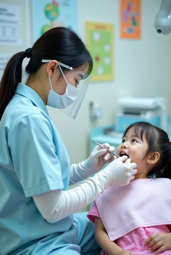korean dentist girl, with very long white latex gloves, mask, face shild, instruments, and work with patients teeth, patient little cutie girl with gloves