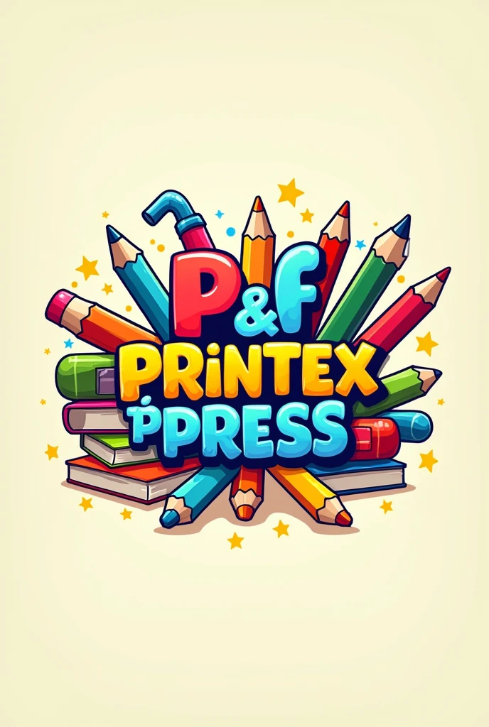 puedes crear un logo de una papeleria con articulos de papeleria estilo caricatura de niños, that it be very lively with the following title as is: "p&F pRINTEXpRESS"