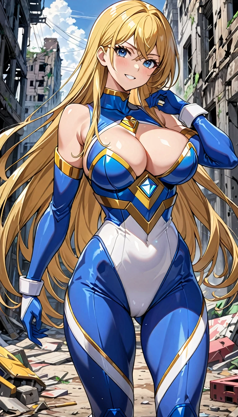 ((masterpiece)), ((Ultra quality)), ((super detailed)), ((high resolution)), ((8k)), a beautiful woman, ((She is one of the most famous actress in the world)), unparalleled beauty, ((large breast:1.4)), ((large ass)), ((deep cleavage)), slim waist, chest out, ultra detailed face, perfect skin, (((waist length hair, ((long straight golden hair)), crossed bangs))), ((blue eyes)), detailed eyes, whole body image, sexy, an inviting smile, sensual, (((anime))), ((glamorous)), sexual attraction, ((23 years old)), ((incredibly beautiful woman)), ((The H cup bust)), ((sexy pose)), ((neat and clean.)), (((Power Ranger))), heroine, (((high leg cut leotard, white line on blue colored power suit, Light Armor))), ((beautiful breasts)), beautiful legs, 8 life size, the most beautiful and strongest, ((charm)), ((Talented woman, During a battle in an abandoned city)),