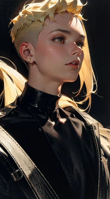 20 year old female, blonde, (high top fade:1.3), dark theme, soothing tone, calm colors, high contrast, (natural skin texture, hyper realism, soft light, sharp)